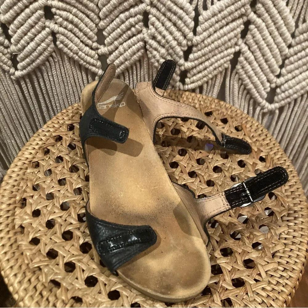 Dansko Tricia Black Milled Burnished Strappy Chunky Wooden Clogs - Picture 12 of 12